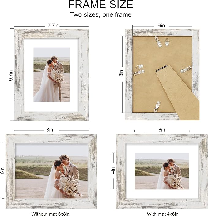 Hongkee 6x8 Picture Frame Set of 4, Made of Real Glass and Distressed White Frame - Display Picture 4x6 with Mat or 6x8 Without Mat, 6 by 8 Photo for Wall or Tabletop