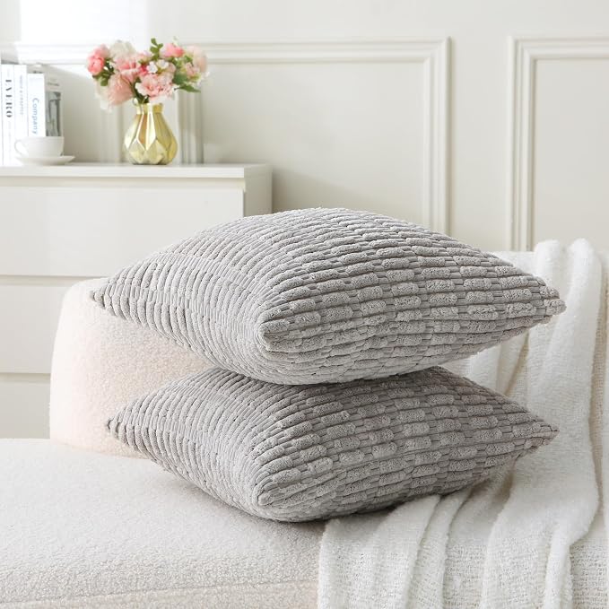 2 Pack Corduroy Decorative Throw Pillow with Inserts, 18x18 Inch Soft Boho Throw Pillow, Square Striped Throw Pillows for Couch, Bed, Sofa Decor (Light Gray)