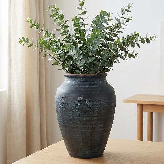 14.17" Blue Ceramic Vase, Rustic Farmhouse Living Room Home Decor | Artisan Handcrafted Large Ceramic Vase