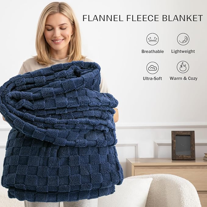 Exclusivo Mezcla 3D Checkered Fleece Throw Blanket for Couch, Navy Blue | Super Soft and Cozy Fluffy Throw, Lightweight and Breathable, Cute Fuzzy Blanket for Sofa, Home Decor, All Season, 50"x60"