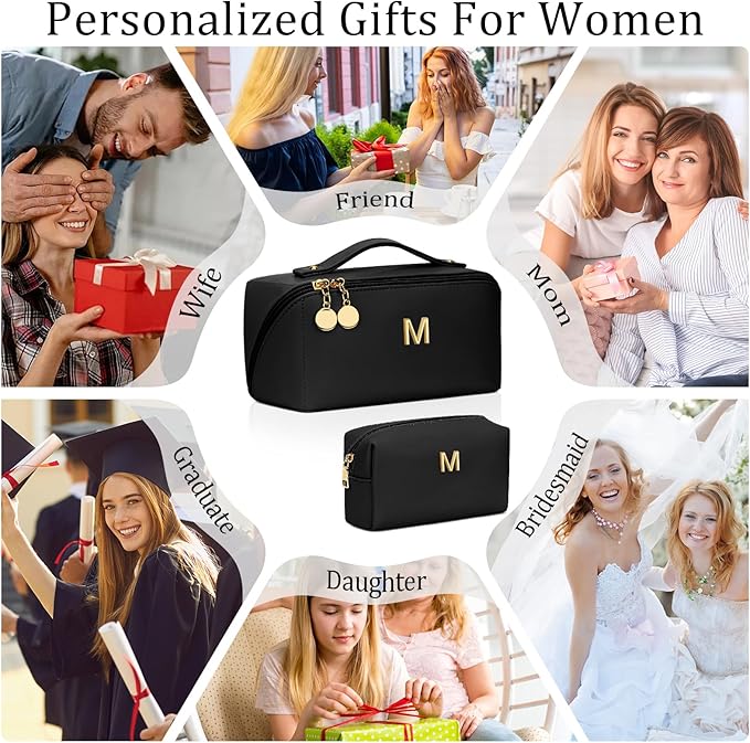 Birthday Gifts for Women Teen Girl, Personalized Initial Makeup Organizer Bag Set, Open Flat Travel Cosmetic Bag With Clear Divider and Handle(Black,M)