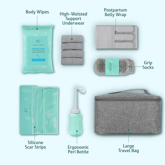 Mama & Wish® C-Section Recovery Kit Must Haves - Postpartum Essentials 12-Piece Set with Belly Binder, No-Shower Wipes, Silicone Scar Patches, Peri Bottle, Underwear, Grip Socks & Toiletry Bag