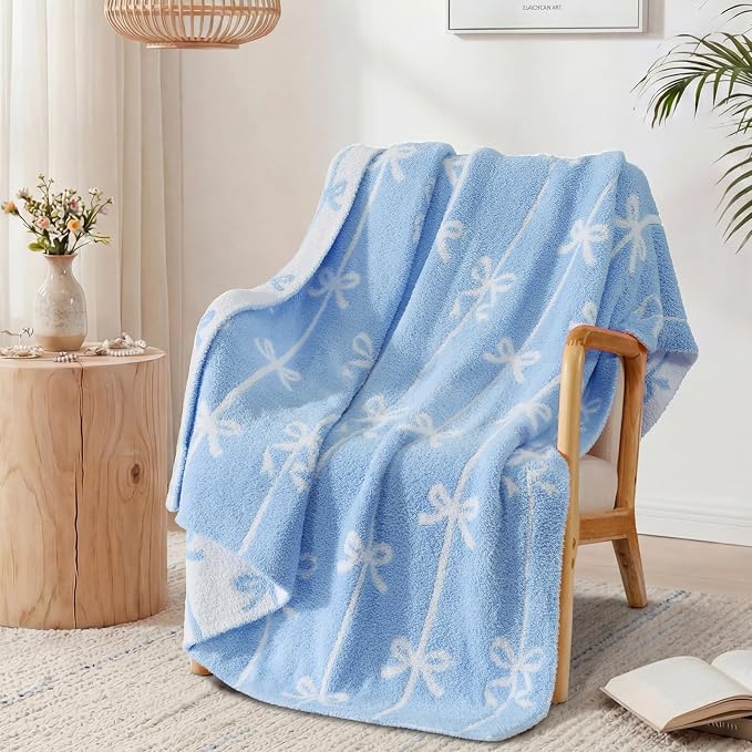 Soft Throw Blanket for Couch-Cozy Reversible Knitted Blankets | Lightweight Warm Fluffy Decor for Women, Mom, Her & Girls, Sofa, Chair, Bed, 50x60in, Blue Bow