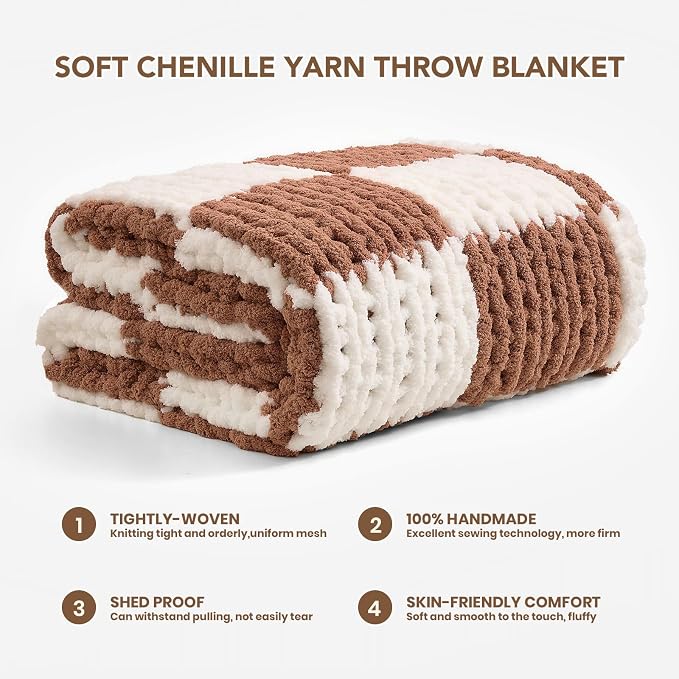 L'AGRATY Chunky Knit Throw Blanket for Couch 60 x 80 Inches Brown Checkered | Handmade Chenille Crochet Blanket for Sofa Bed, Thick Cable Knitted Blankets for Room Home Decor, Birthday Gift for Women Mom