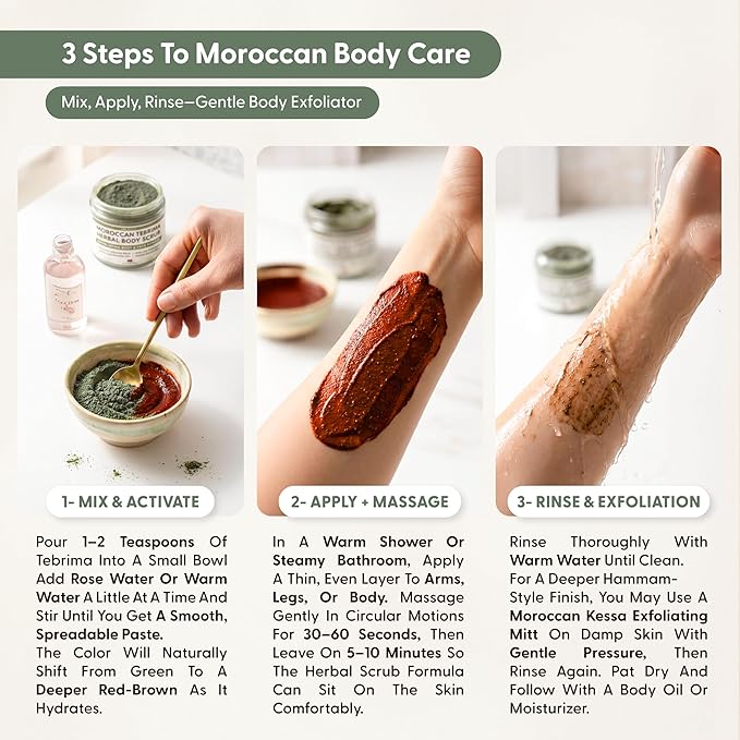 Moroccan Tebrima Herbal Exfoliating Body Scrub Powder | Natural Body Exfoliator for Women & Men, Gentle Bikini Exfoliating Scrub with Nila, Henna, Rose & White Clay for Smooth, Glowing Skin