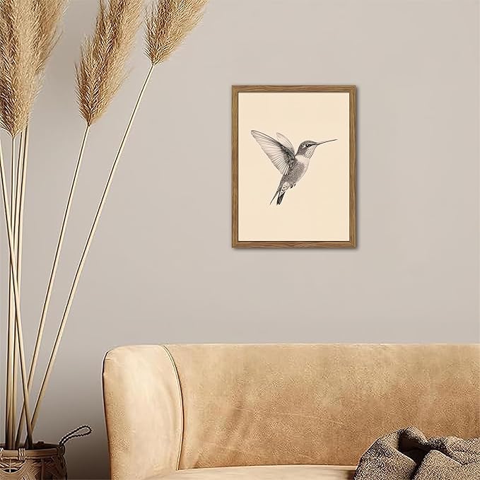 Vintage Framed Wall Art, Birds Canvas Prints, Hummingbird Sketch Painting Picture, Neutral Farmhouse Artwork Wall Decor for Living Room Bedroom – Dark Wooden Frame 12x16in