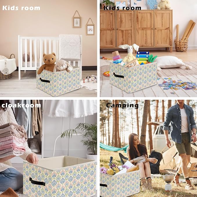 Girly Pastel Jewels Storage Bin Box with Handles, Grandmillenial Blue Green Pink Floral Cottagecore Foldable Organizer Basket Toybox for Girls Dorm Bedroom Bathroom Clothes Toys Books