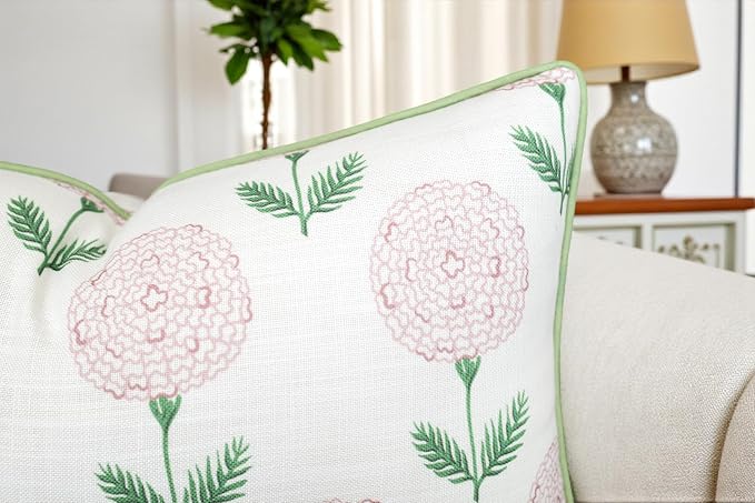 Marigold Floral Print 12x20 Lumbar Pillow Cover, Pink | Pink marigold floral on white slub, green piping; both sides printed; hidden zip; oblong, cover only