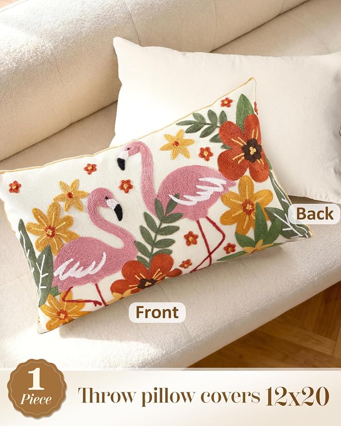 Animal Embroidered Lumbar Pillow Cover 20x12 Inch, Flamingos Floral | Decorative Throw Pillow Cover, Boho Floral Cushion Cases with Hidden Zipper, Cottagecore Decor for Couch, Sofa, Bed