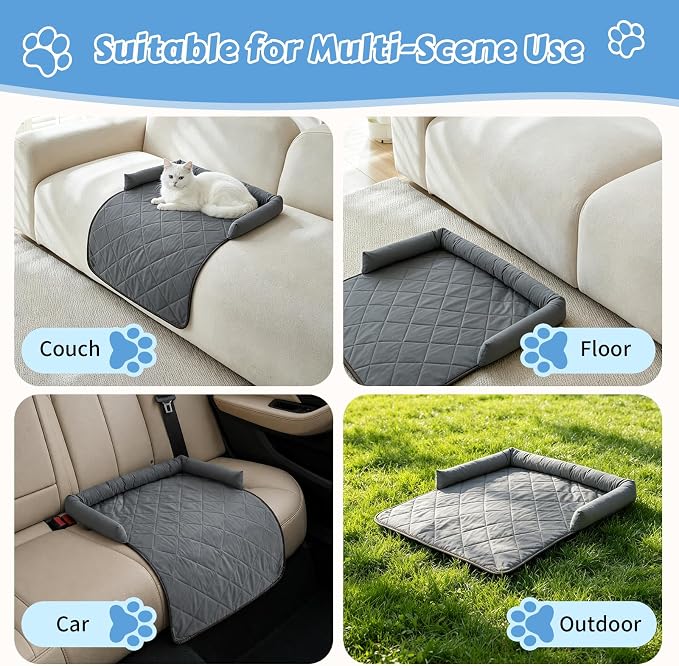 Cooling Dog Bed Mats with Neck & Head Support, 31.5 x 23.62 inch Grey | for Small and Medium Dogs & Cats, Non-Slip, Machine Washable, Protects Sofa from Fur & Scratches