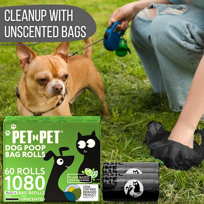Pet N Pet Poop Bags for Dogs, 1080 Count, Plant Based, Black 9x13 Thick | 41%, 59% PE, Extra, Rolls, Unscented, Waste, Leak-Resistant, Tear-Resistant, Easy-Tear Design, Durable, dog waste bags