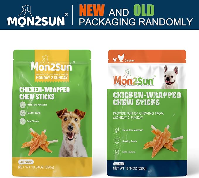 MON2SUN Dog Treats, 4–4.5 Inch Chicken Wrapped Triangle Rawhide Sticks | 18.34 oz, 40 Count, High Protein, Easy-to-Hold Design, For Puppies & Small Dogs, Daily Rewards