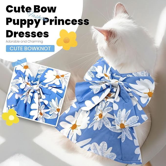 ABRRLO Cute Dog Dress Small Dog Clothes for Girls Female Puppy Outfits Blue Daisy Pet Summer Clothes Bowknot Doggy Cat Princess Dress Harness Set for Holiday Birthday Party Costume Clothing (Blue,XL)
