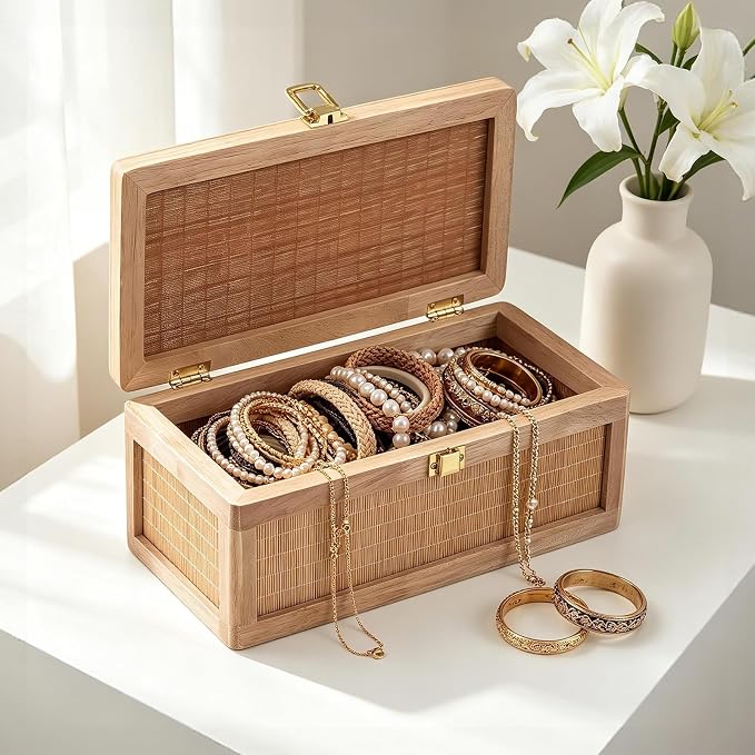 Memory Box, Unique Bamboo Keepsake Boxes with Hinged Lids, Boho Wedding Keepsake Box, Decorative Box with Lid for Crafts, trinkets and Photo Storage