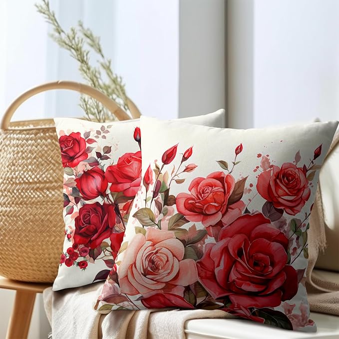 Kawani Watercolor Flower Throw Pillow Covers 16x16 Inch Set of 2 Pink Red Rose Floral Romantic Square Pillowcase Cotton Linen Cushion Case for Couch Sofa Bedroom Living Room Decor