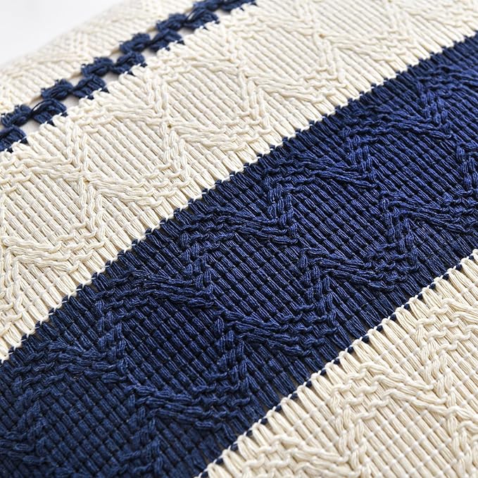 Fancy Homi Set of 2 Navy Blue Lumbar Decorative Throw Pillow Covers 14x24 Inch for Couch Bed Sofa Living Room, Aesthetic Modern Organic Farmhouse Home Decor, Soft Cotton Woven Textured Cushion Case
