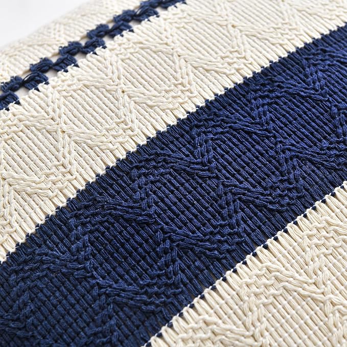 Fancy Homi Set of 2 Navy Blue Lumbar Decorative Throw Pillow Covers 12x24 Inch for Couch Bed Sofa Living Room, Aesthetic Modern Organic Farmhouse Home Decor, Soft Cotton Woven Textured Cushion Case
