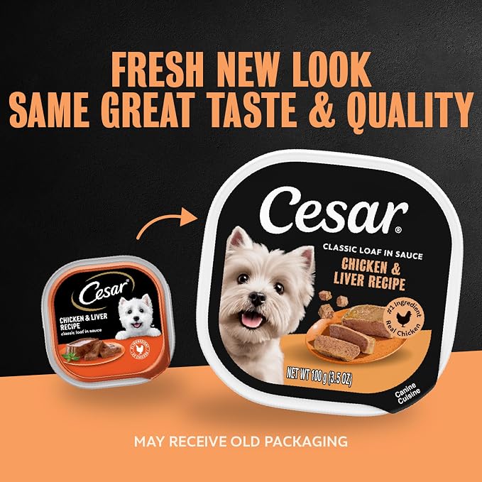 Cesar Classic Loaf in Sauce Wet Dog Food, Chicken & Liver, 3.5 oz, 24 Count | Made in USA, Real chicken #1 ingredient, no fillers/added sugar/artificial flavors, use as meal or topper, easy peel trays