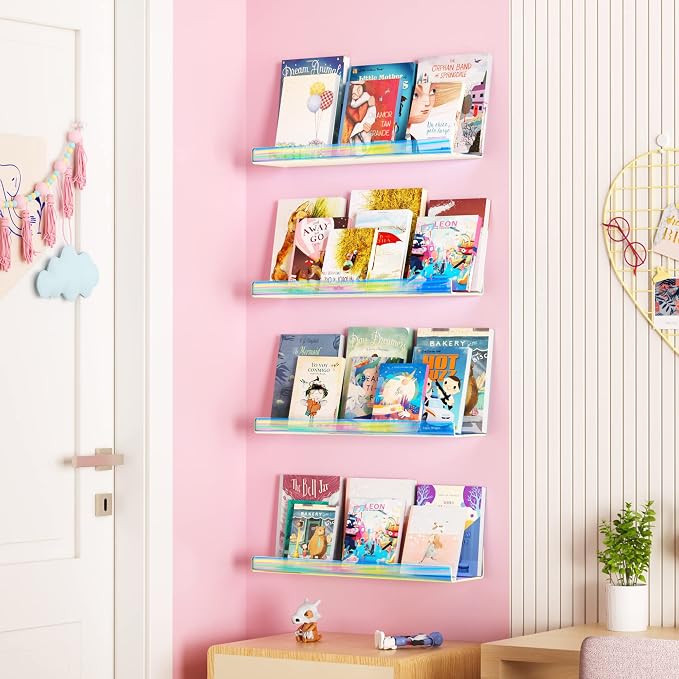 upsimples 2 Pcs 15" Iridescent Acrylic Shelves for Wall Decor and Display | Cute Floating Shelf for Perfume, Skincare, Nail Polish, Wall Organizer for Bedroom, Living Room, Playroom, Room Décor