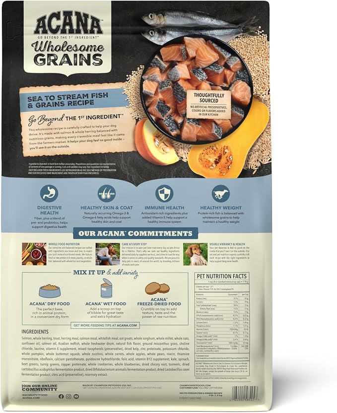 ACANA Wholesome Grains Dry Dog Food Sea to Stream Recipe 4lb Bag | High Protein, Made in the USA, Includes Probiotics, Wild-Caught Fish, Global Quality Ingredients