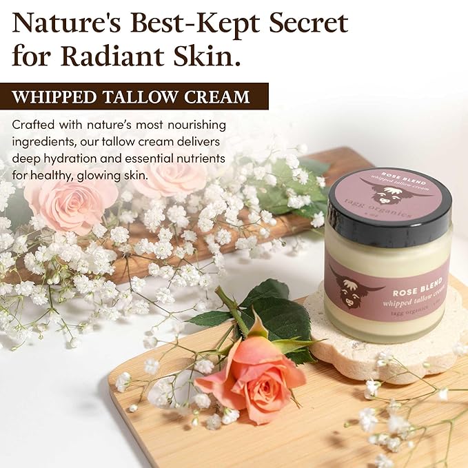 Whipped Tallow Cream for Skin - 100% Organic & Chemical-Free - Deep, Long-Lasting Hydration & Nourishment for Dry & Sensitive Skin (Rose-Infused 4oz)