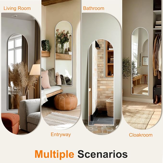 Arched Full Length Mirror, 56"x15" Standing Body Mirror for Wall, Silver | Built-in Stand, HD Shatterproof Glass, Aluminum Alloy Frame, Hanging or Standing, for Bedroom, Living Room & Dressing Room