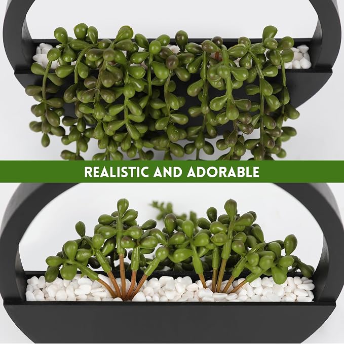 2pcs Artificial Succulents Hanging Plants 12.2'' Fake String of Pearls in Pot with 8.3'' Lanyard for Indoor Outdoor Wall Decor (Black).