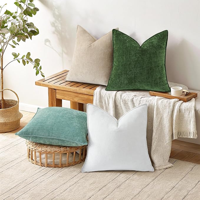 decorUhome Chenille Cream White Velvet Throw Pillow Covers 24x24 Set of 2 | Fall Soft Euro Sham Couch Decorative Modern Farmhouse Pillow Cases with Elegant Design for Sofa Bed Living Room Home Decor