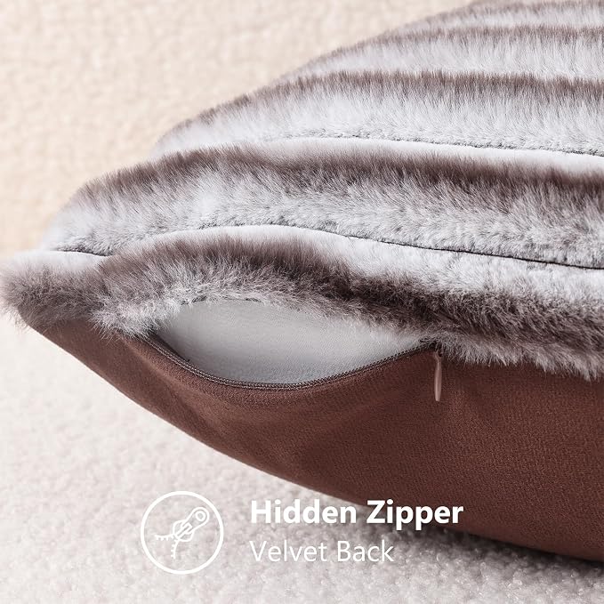 decorUhome Fall Faux Fur Throw Pillow Covers 26x26 Set of 2 Brown White | Decorative Soft Cozy Striped Plush Modern Farmhouse Boho Couch Pillow Cases Velvet Back for Sofa Bed Living Room Home Decor