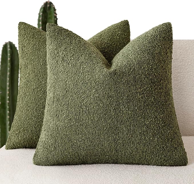Foindtower Pack of 2 Textured Boucle Throw Pillow Covers Accent Solid Pillow Cases Cozy Soft Decorative Couch Cushion Case for Chair Sofa Bedroom Living Room Home Decor 18x18 Inch Moss Green