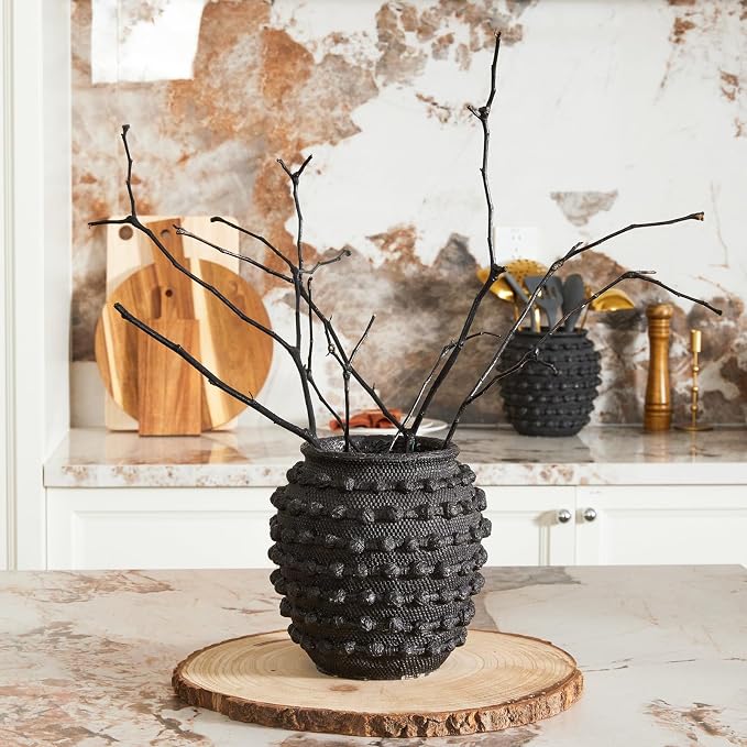 DN DECONATION Rustic Farmhouse Vase, Textured Boho Vase for Home Decor | Black, 8.6 Inch, Cement Decorative Flower Vases with Rope Knots for Living Room, Table Centerpiece, Shelf, Mantel Decoration