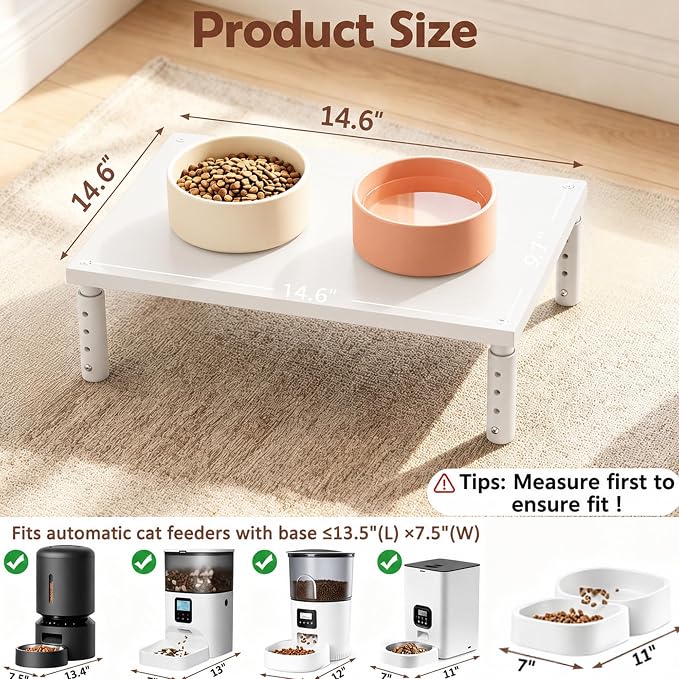 Adjustable Cat Food Stand, Elevated Cat Feeder Stand with 4 Height Settings, Automatic Cat Feeder & Tradition Bowls, Raised Pet Feeding Table Station for Cats & Small Dogs, White Wood