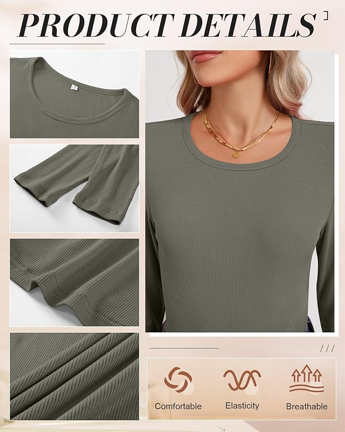 Ficerd 3 Pack Women's Ribbed Long Sleeve Tops, Crew Neck Slim Fit Undershirts Knit Basic Casual Stretch Layering Tee Shirts