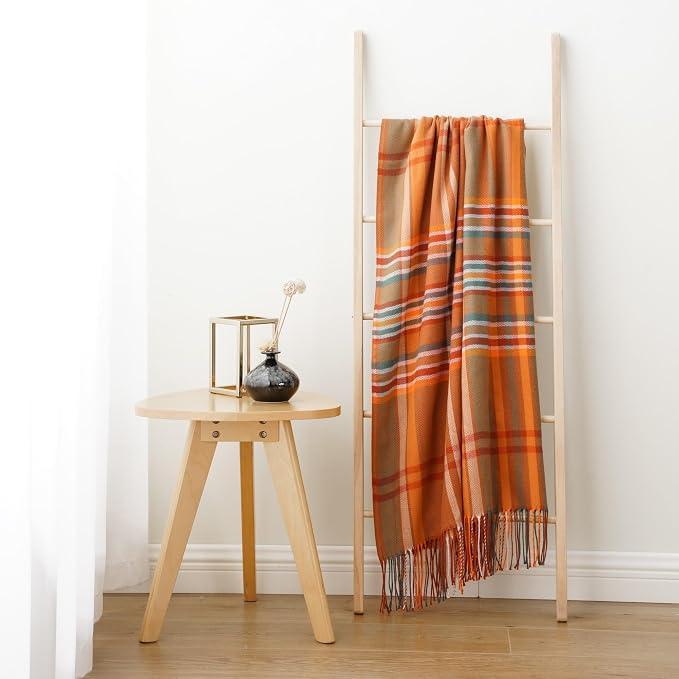 Orange Plaid Throw Blanket for Couch, Fall Throw Blanket 50"x60" Fall Decor | Lightweight Buffalo Plaid Blanket Throw, Soft Woven Throws with Tassels, Checkered Blanket for Bed, Sofa, Autumn, Home Decor