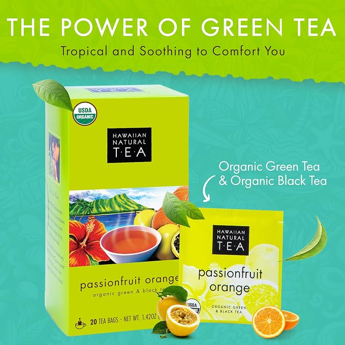 Hawaiian Natural Tea Passion Fruit Orange Flavored Organic Tea - Tropical Fruit Green Tea Blend with Black Tea - Perfect Daily Cup & Gift for Tea Lovers - 120 Tea Bags