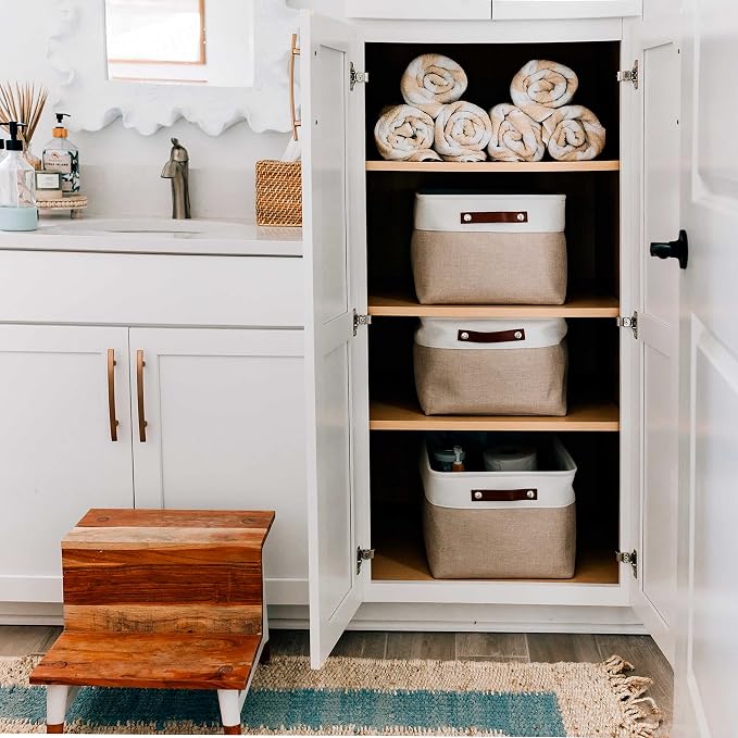 OrganiHaus 16x12.5in Storage Baskets, 3 Pack - Fabric Bins for Shelves | Vegan leather handles; a decorative linen closet organizer, towel and clothes container