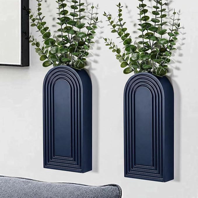 Dnnnii 2 Pack Wooden Wall Vase Set - Blue Finish Modern Farmhouse & Boho Wall Decor for Entryway, Hallway, Bathroom, Living Room, Dining Room, Narrow Spaces