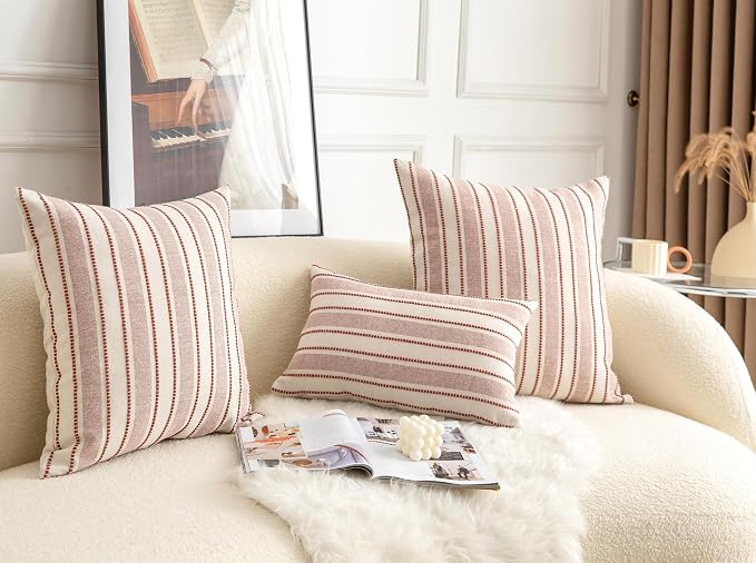 Cethom Decorative Boho Throw Pillow Covers, Farmhouse Textured Pillow Case, 22 x 22 Inch Set of 2, Chair Sofa Bedroom Living Room Home Decor Couch Cushion Case, Rust and Beige Striped