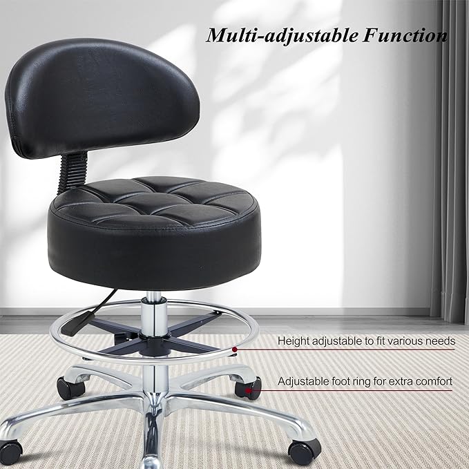 Height Adjustable Rolling Shop Stool with Back Support - Kitchen Stool with Wheels Heavy Duty for Salon, Spa, Massage, Tattoo, Esthetician - Extra Thick for Extreme Comfort