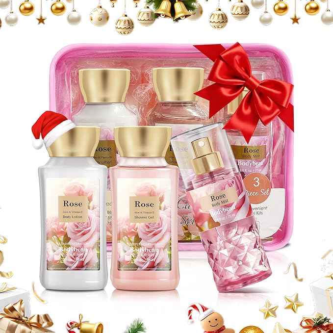 Mother's Day Rose Spa Gift Set - 3PCS Luxury Bath and Body Kit for Women with Shower Gel, Body Lotion & Body Mist - Portable Travel Size Self Care Gift for Mom, Wife, or Her