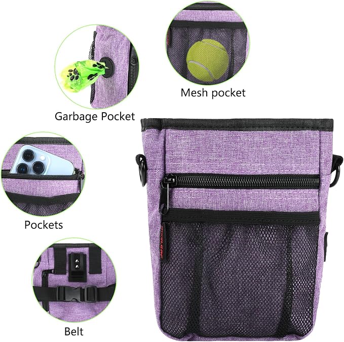 kissleaf Dog Treat Pouch, Magnetic Closure, Dog Clicker- Purple