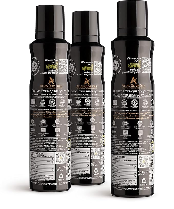 Olive Oil Spray by Atlas, Dual Function Olive Oil Cooking Spray and Stream, 5.4 fl oz, 3 Pack, Extra Virgin, Non Stick, Cold Pressed, Polyphenol Rich, Organic Moroccan EVOO, Hydroxytyrosol, Keto