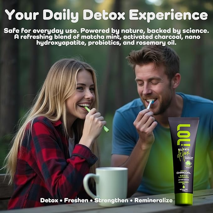 LOL Detox Activated Charcoal Toothpaste Whitening - Nano Hydroxyapatite, Probiotics, Matcha, Rosemary Oil, Xylitol, Fluoride Free - Gum Detoxify Toothpaste (4.3oz, Ultra Detox Matcha Mint)