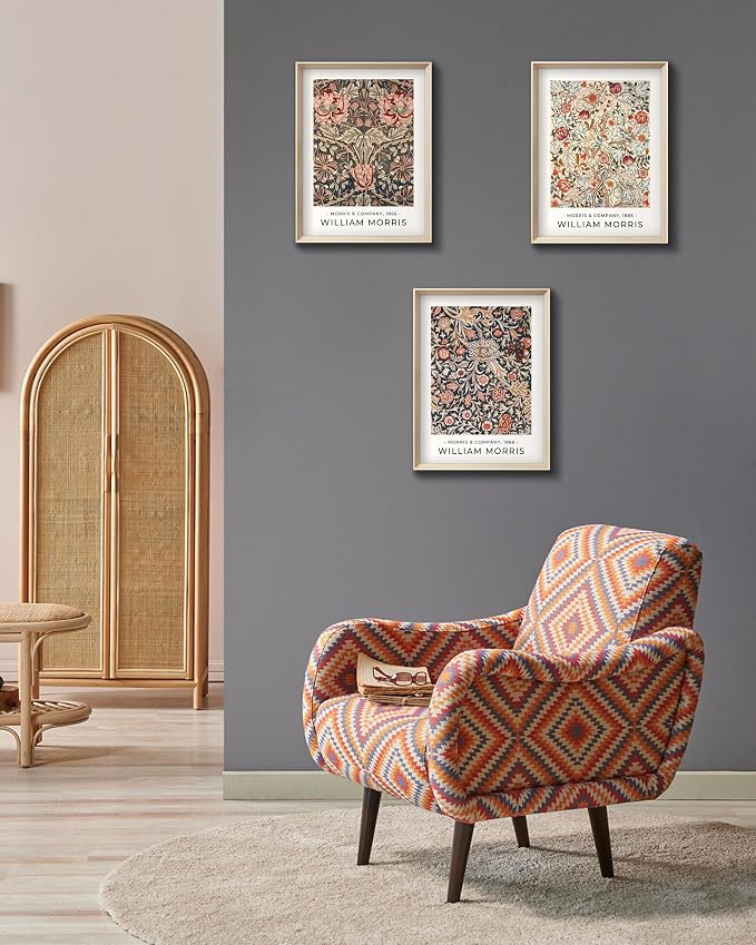 HesenDot William Morris Vintage Framed Wall Art, Floral Canvas Prints | 12x16IN Set of 3, High Framed Design Prints, Vintage Floral Pattern Wall Decor for Living Room Bedroom Bathroom