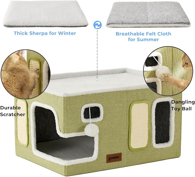 ZOMISIA Extra-Wide Cat House for Indoor Cats - Large Cat House for Pet with Fluffy Ball Hanging and Scratch Pad, Foldable Cat Hideaway for Multi Cats, 23x16.5x13 inches, Grey