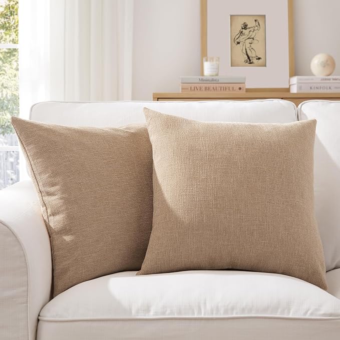Meekio Set of 2 Tan Pillow Covers 20 x 20 Inch Farmhouse Boho Decorative Throw Pillow Covers Linen Cushion Covers for Sofa Couch Décor