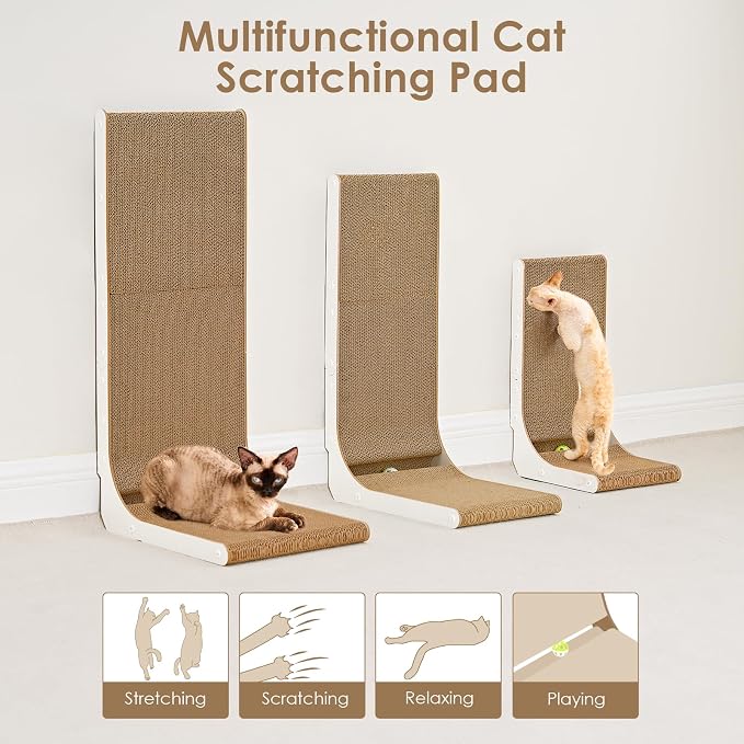 EHEYCIGA Cardboard Cat Scratcher for Indoor Cats, 19 Inch, White | L Shaped Scratching Post, Vertical Cat Scratching Board with Ball Cat Toy, Furniture Protector, Kitten Cat Scratch Pad
