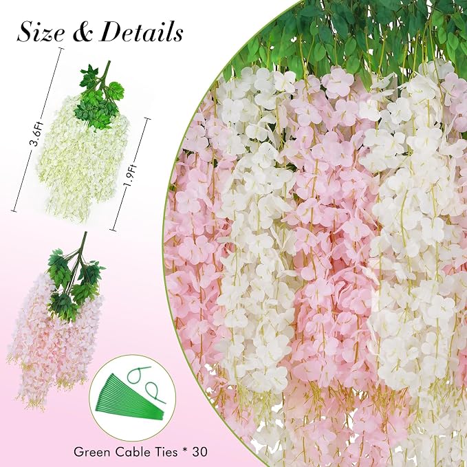 24 Pack Wisteria Hanging Flowers, 3.6 Feet/Pcs White Pink Artificial Flowers, Fake Wisteria Flowers Garland Vines for Bedroom Wedding Home Party Wall Decoration