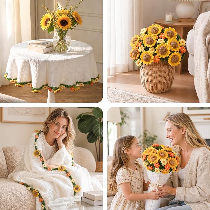 Ivydale 43inch Sunflowers Crochet Blanket Knitted Flower Bouquet Throw | Handmade Knitted Blanket, Gift for Her Girlfriend Mom Mother’s Day Valentine Wedding Anniversary Birthday
