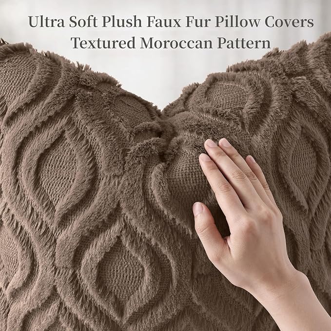 decorUhome Faux Fur Plush Soft Brown Throw Pillow Covers 26x26 Set of 2 | Wool Solid Fall Couch Pillow Covers, Accent Modern Farmhouse Neutral Decorative Square Pillow Cases for Sofa Bed Living Room